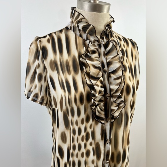 East 5th Semi-Sheer Spotted Print Ruffled High Collar Blouse, sz. MD - Picture 4 of 13